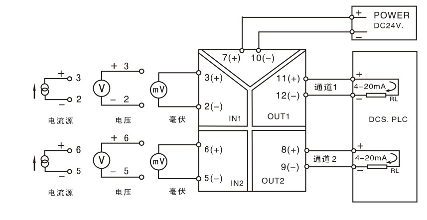 電流電壓信號隔離器接線(xiàn)圖